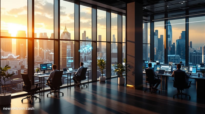 A cinematic photorealistic editorial photograph showing a modern tech company office environment with floor-to-ceiling window