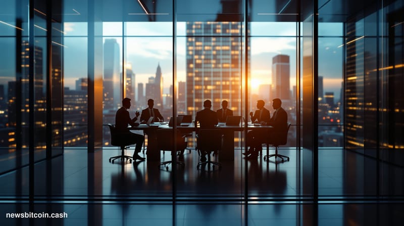 A cinematic photorealistic editorial photograph of a modern glass-walled conference room in a sleek Manhattan or San Francisc