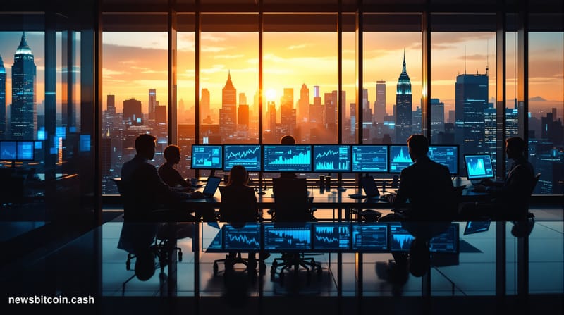 A cinematic photorealistic editorial photograph capturing the essence of corporate consolidation in the crypto data industry.