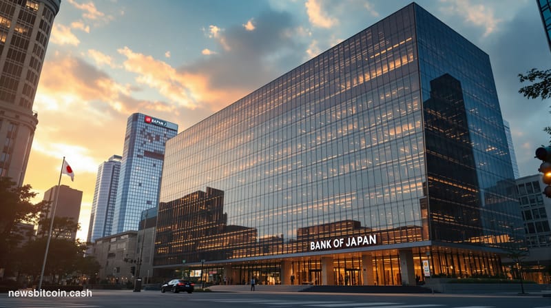 A cinematic photorealistic editorial photograph of the Bank of Japan headquarters building in Tokyo's financial district, cap