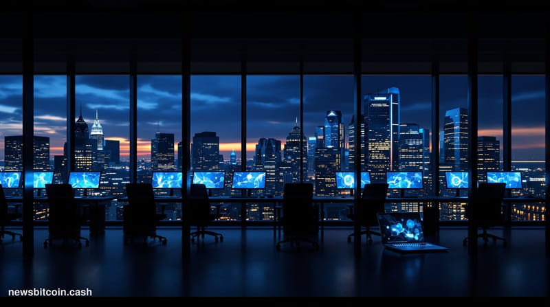 A cinematic photorealistic editorial photograph showing an empty, darkened modern office space with floor-to-ceiling windows 