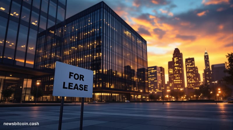 A cinematic photorealistic editorial photograph showing a modern tech office building at dusk with darkened windows and a "Fo