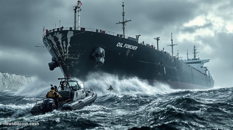 A cinematic photorealistic editorial photograph showing the dramatic boarding of a large oil tanker in rough seas of the Engl