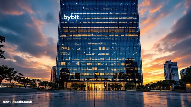 A cinematic photorealistic editorial photograph of Bybit's modern Singapore headquarters building at dusk, with the distincti