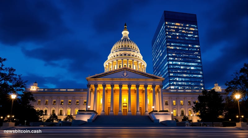 A cinematic photorealistic editorial photograph of the SEC headquarters building in Washington DC at twilight, shot from a lo