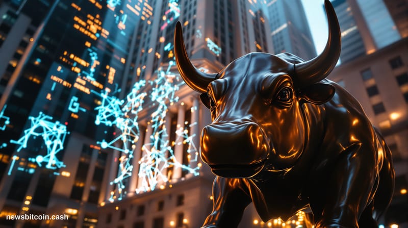 A cinematic photorealistic editorial photograph capturing the convergence of traditional finance and blockchain technology. T