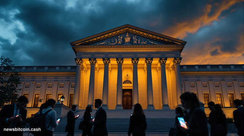 A cinematic photorealistic editorial photograph showing the imposing facade of the CFTC headquarters building in Washington D