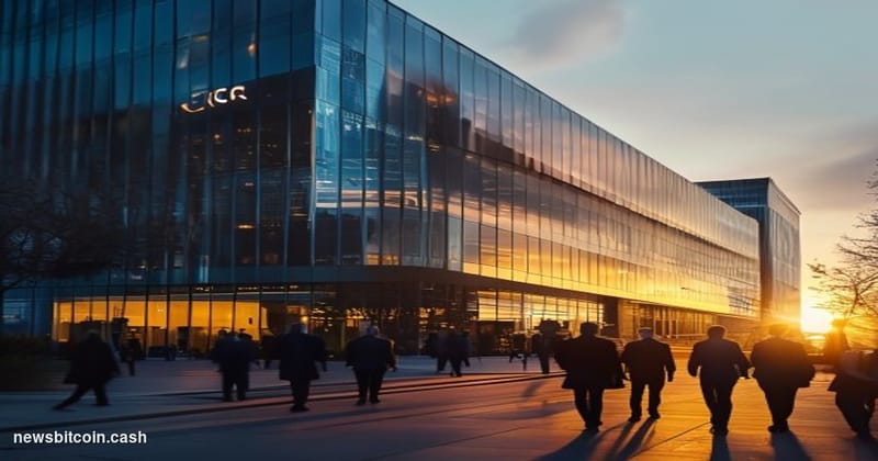 A cinematic photorealistic editorial photograph of the CFTC headquarters building in Washington D.C., captured from a low ang