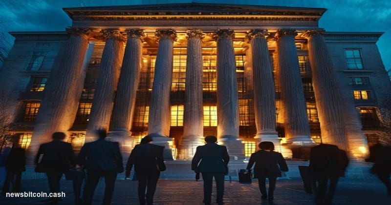 A cinematic photorealistic editorial photograph of the CFTC headquarters building in Washington DC at dusk, shot from a low a
