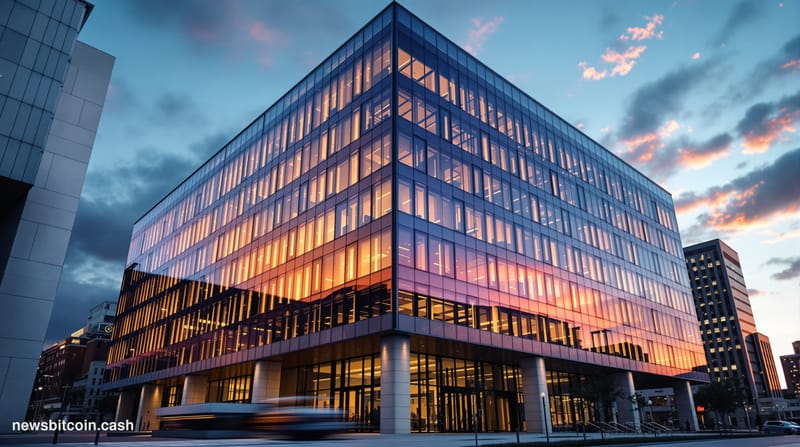 A cinematic photorealistic editorial photograph of the CFTC headquarters building in Washington DC, shot from a low angle to 