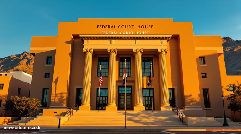 A cinematic photorealistic editorial photograph showing the imposing federal courthouse in Albuquerque, New Mexico, with the 