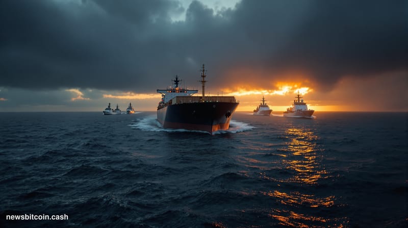 A dramatic cinematic photograph of the English Channel at dusk, showing a large oil tanker silhouetted against stormy skies w