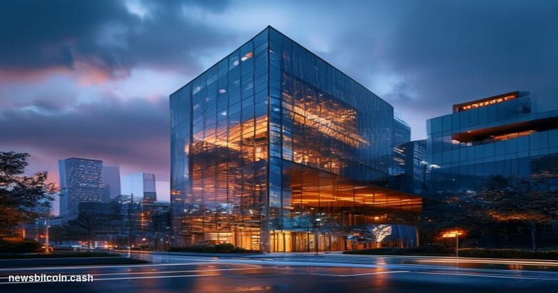 A cinematic photorealistic editorial photograph of Charles Schwab's distinctive corporate headquarters building in San Franci
