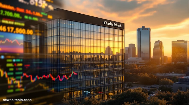 Cinematic photorealistic editorial photograph of Charles Schwab's corporate headquarters in Westlake, Texas at dawn, showing 