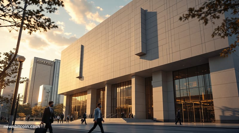 A cinematic photorealistic editorial photograph of the People's Bank of China headquarters building in Beijing, shot during g