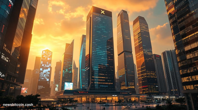 Cinematic photorealistic editorial photograph of Beijing's financial district at golden hour, showcasing the imposing glass t