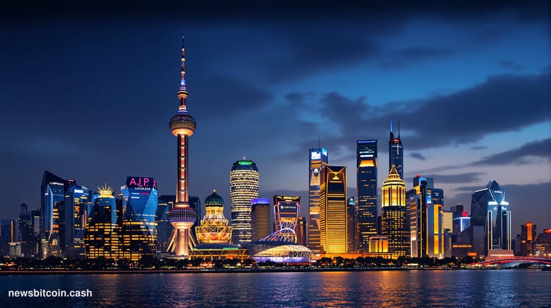A cinematic photorealistic editorial photograph of Shanghai's Lujiazui financial district at dusk, with the iconic Oriental P