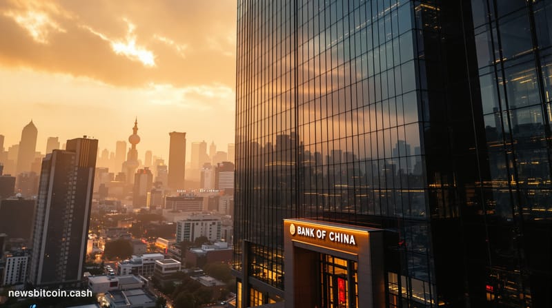 A cinematic photorealistic editorial photograph of the imposing Bank of China headquarters tower in Beijing's financial distr