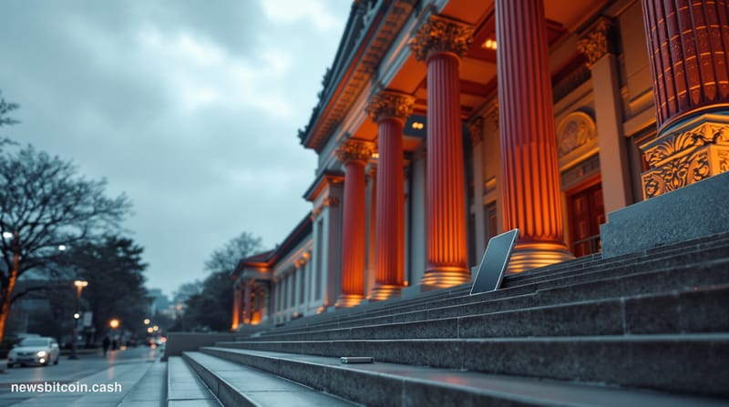A cinematic photorealistic editorial photograph showing the imposing facade of a Chinese courthouse with traditional architec