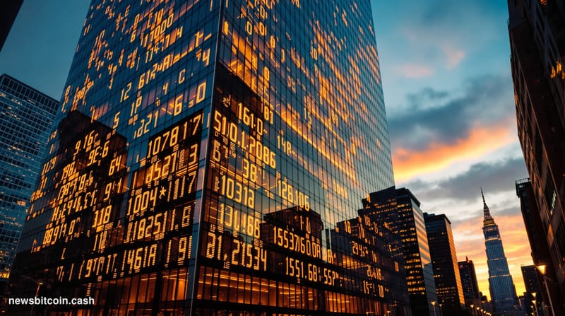 A cinematic photorealistic editorial photograph showing the exterior of Circle's corporate headquarters in Boston's Financial