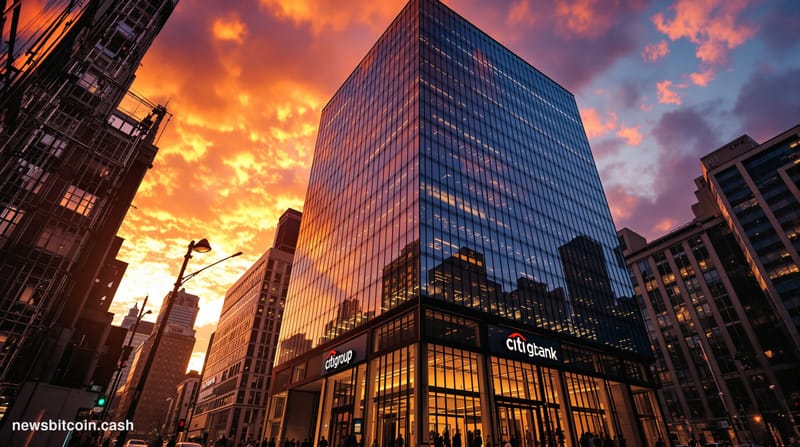 A cinematic photorealistic editorial photograph of Citigroup's iconic headquarters at 388 Greenwich Street in Manhattan's Tri