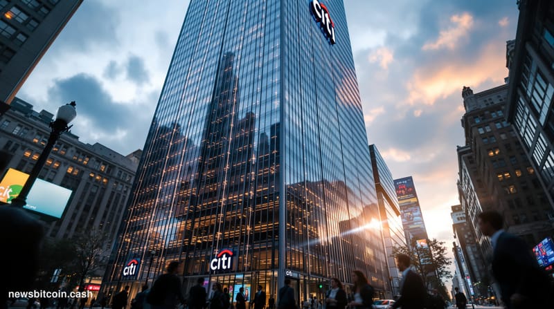 Cinematic photorealistic editorial photograph of Citi's imposing corporate headquarters in Lower Manhattan, shot from a low a