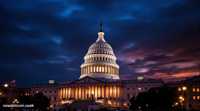 Cinematic photorealistic editorial photograph of the United States Capitol building at dusk, dramatic golden hour lighting ca