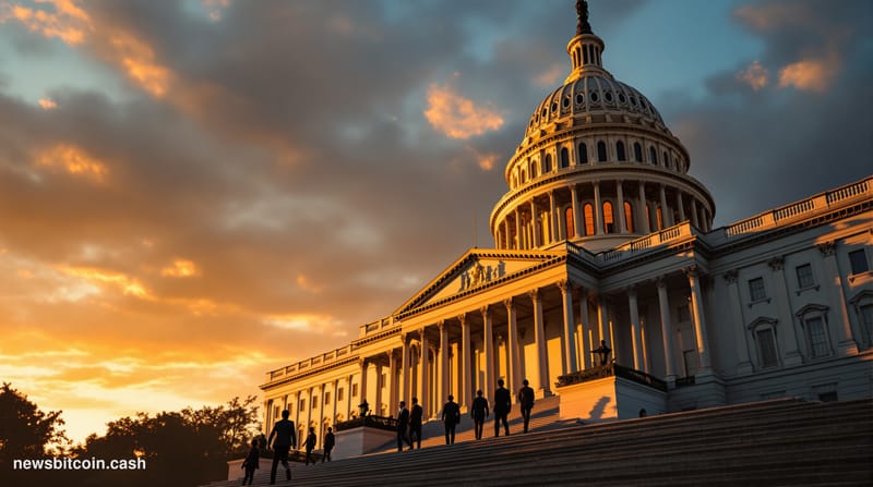 Cinematic photorealistic editorial photograph of the United States Capitol Building at golden hour, shot from the west lawn w