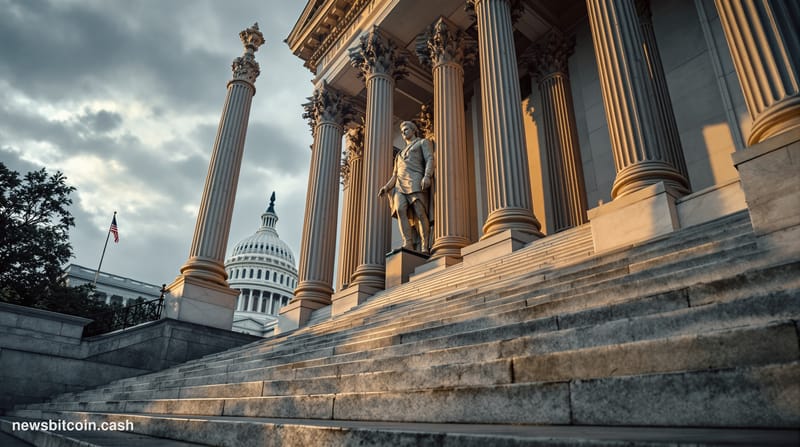 A cinematic photorealistic editorial photograph of the United States Capitol building's Senate chamber entrance, shot from a 