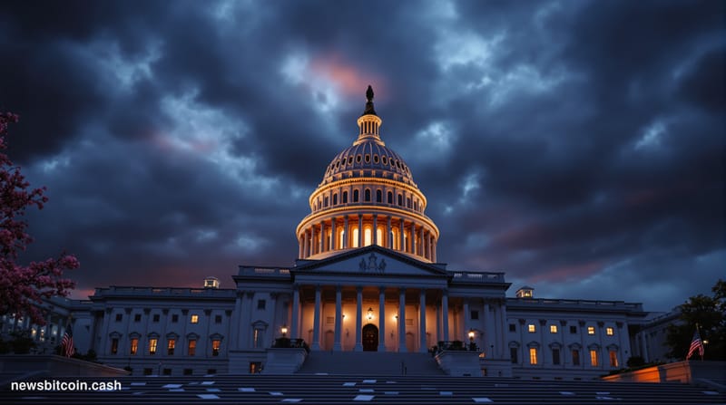 A cinematic photorealistic editorial photograph of the United States Capitol building at dusk, shot from a low angle emphasiz