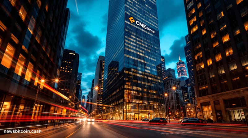 A cinematic photorealistic editorial photograph of the CME Group headquarters building in Chicago's financial district at twi