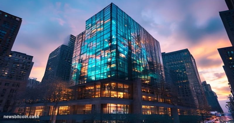 A cinematic photorealistic editorial photograph of CME Group's iconic Chicago headquarters building at dawn, with the distinc