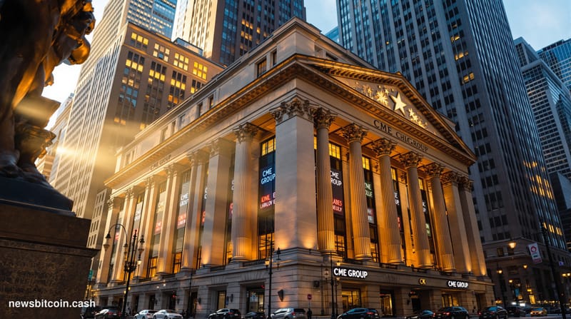 A cinematic photorealistic editorial photograph of the Chicago Mercantile Exchange building at dawn, shot from a low angle to