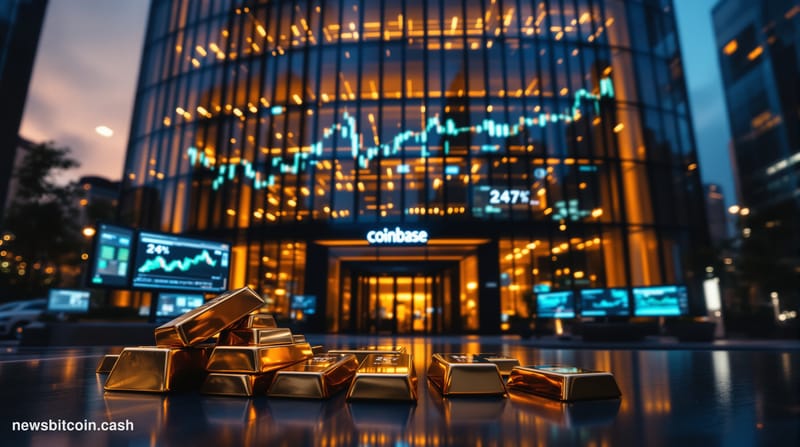 Cinematic photorealistic editorial photograph of Coinbase's San Francisco headquarters at dusk, with warm golden hour lightin