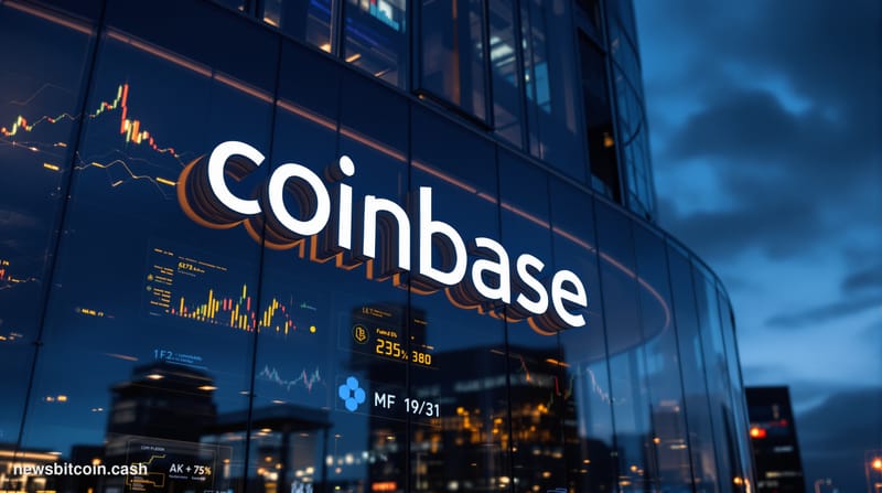 A cinematic photorealistic editorial photograph of Coinbase's San Francisco headquarters at dusk, with the company logo promi