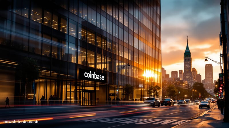 A cinematic photorealistic editorial photograph of Coinbase's San Francisco headquarters exterior at golden hour, with dramat