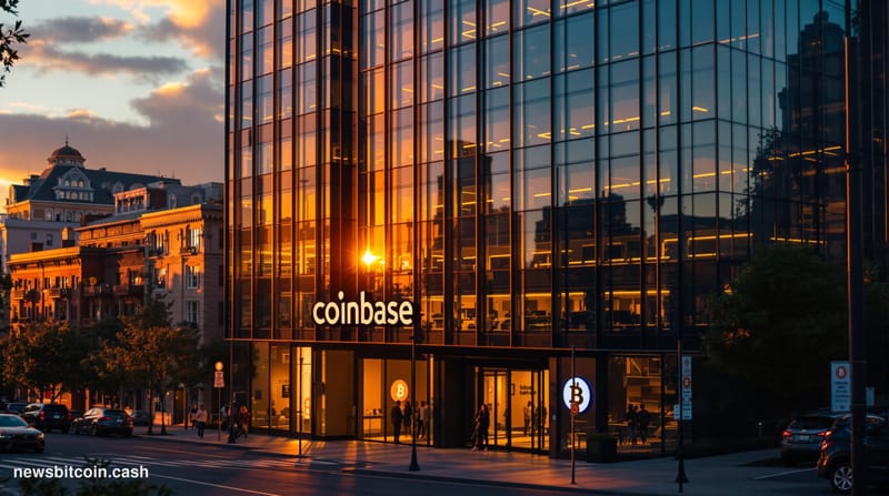 A cinematic photorealistic editorial photograph showing the exterior of Coinbase's distinctive San Francisco headquarters bui