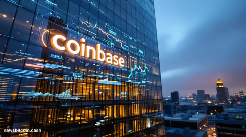 A cinematic photorealistic editorial photograph of Coinbase's San Francisco headquarters at dusk, with dramatic lighting cast