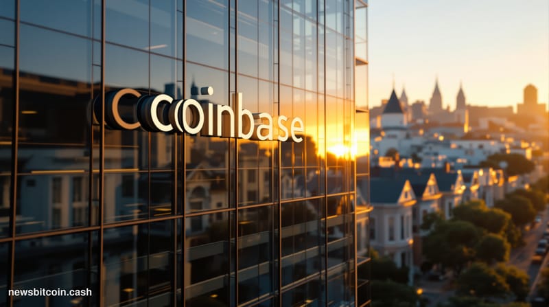 A cinematic photorealistic editorial photograph showing Coinbase's San Francisco headquarters building in the foreground with