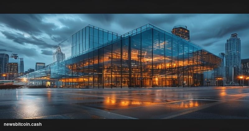 Cinematic photorealistic editorial photograph of Coinbase's modern glass headquarters in San Francisco's South of Market dist