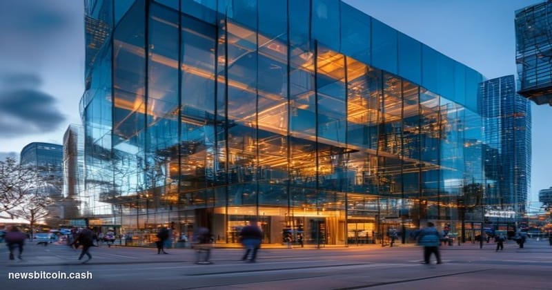 A cinematic photorealistic editorial photograph showing Coinbase's headquarters in San Francisco's SOMA district at golden ho