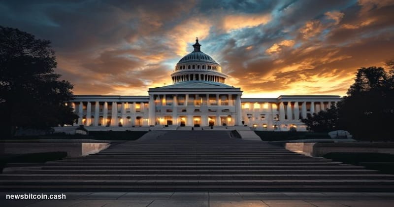 Cinematic photorealistic editorial photograph of the United States Capitol building at dusk, with dramatic golden hour lighti