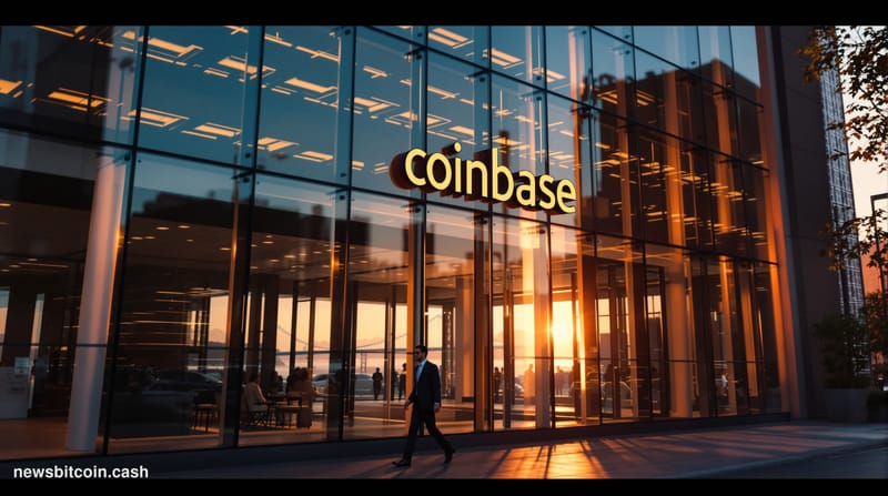 A cinematic photorealistic editorial photograph showing Coinbase's distinctive glass-facade headquarters building in San Fran