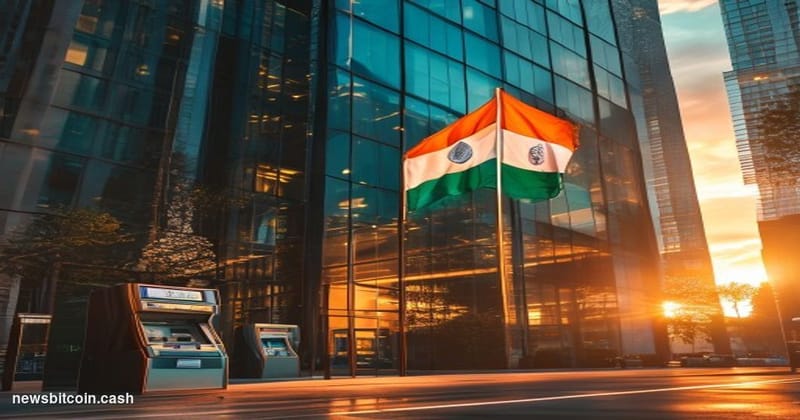A cinematic photorealistic editorial photograph showing the modern glass facade of Coinbase's international office building i