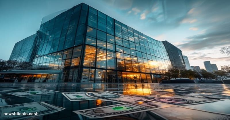 A cinematic photorealistic editorial photograph showing Coinbase's distinctive modern headquarters building in San Francisco'