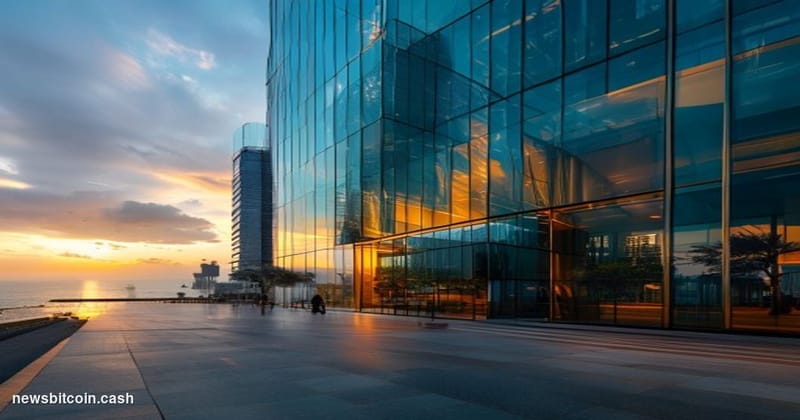 A cinematic photorealistic editorial photograph showing the modern glass facade of a <a href="https://coinbase.com" target="_