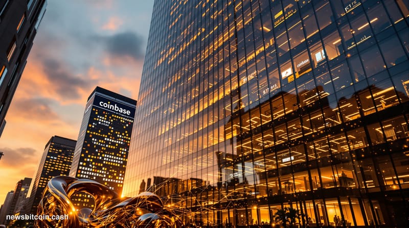 Cinematic photorealistic editorial photograph of Coinbase's San Francisco headquarters at sunset, shot from a low angle to em