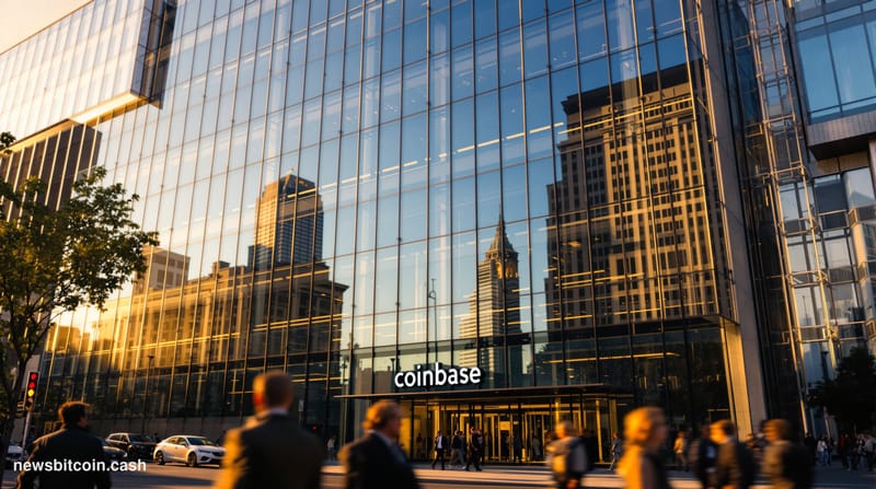 A cinematic photorealistic editorial photograph of Coinbase's modern glass headquarters building in San Francisco's financial