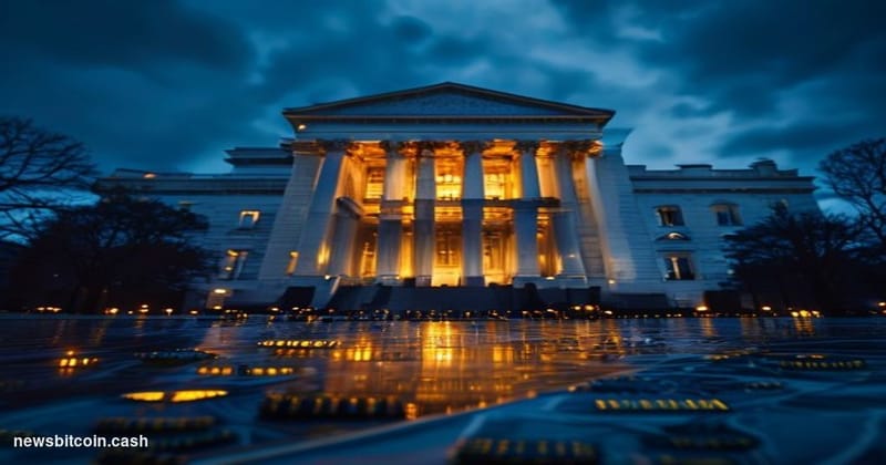 A cinematic photorealistic editorial photograph of the imposing US Commerce Department building in Washington DC at dusk, sho