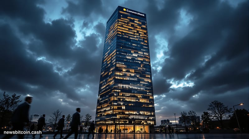 A dramatic photorealistic editorial photograph showing the imposing glass and steel facade of Commerzbank Tower in Frankfurt'